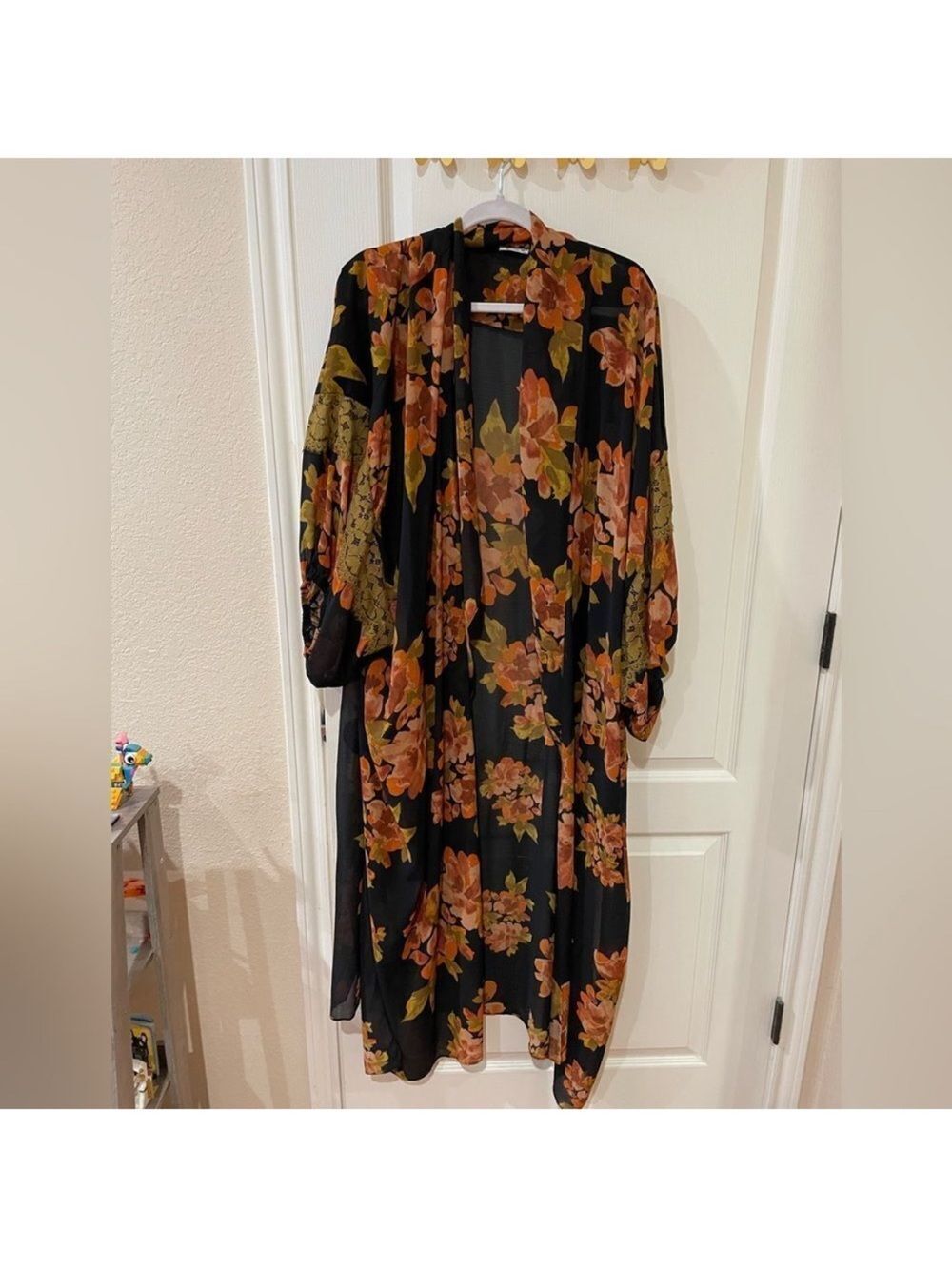 Free People Intimately Black Orange Floral Monday Morning Kimono Duster XS/S